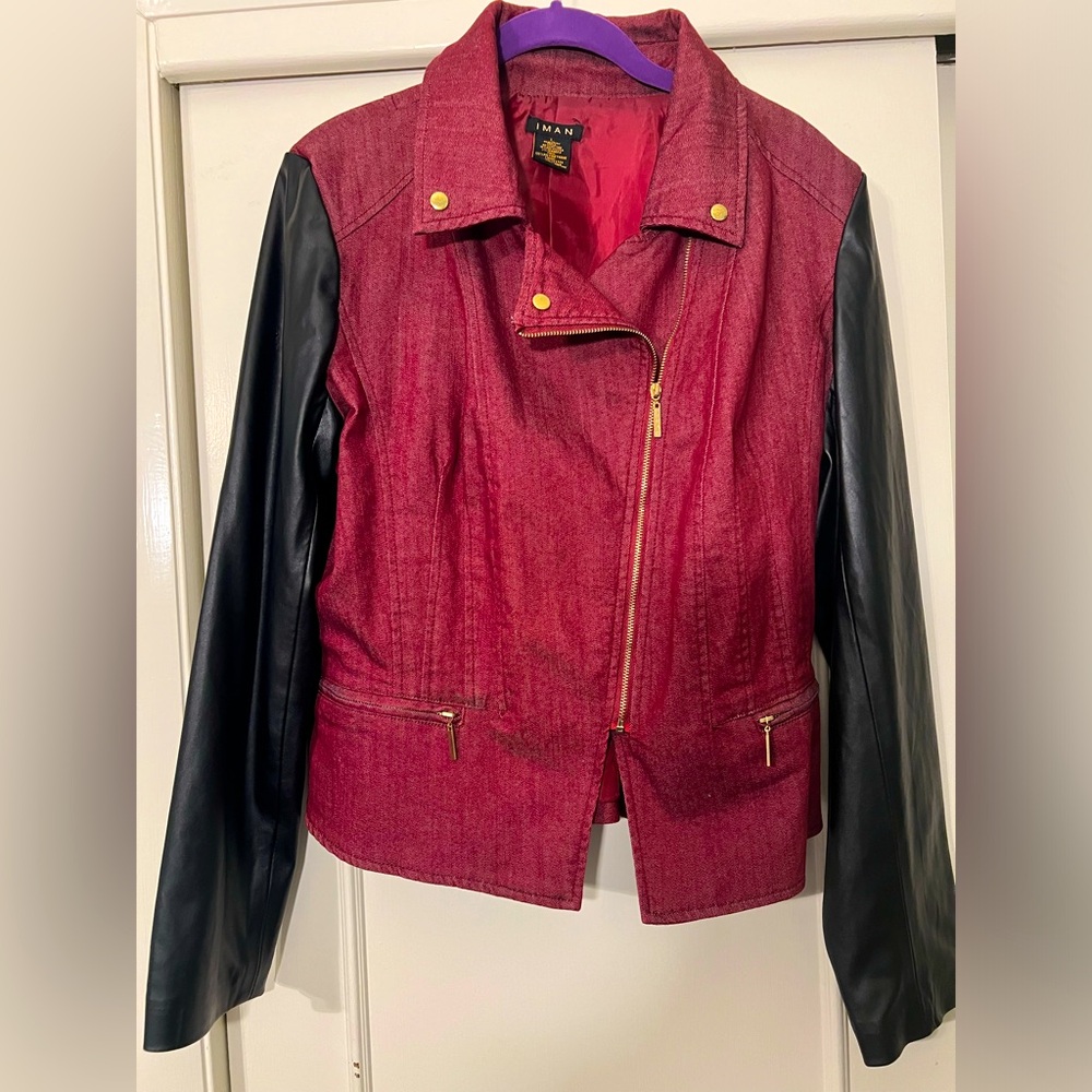 IMAN Moto Two Tone Jacket Blazer Burgundy Black Women’s size L